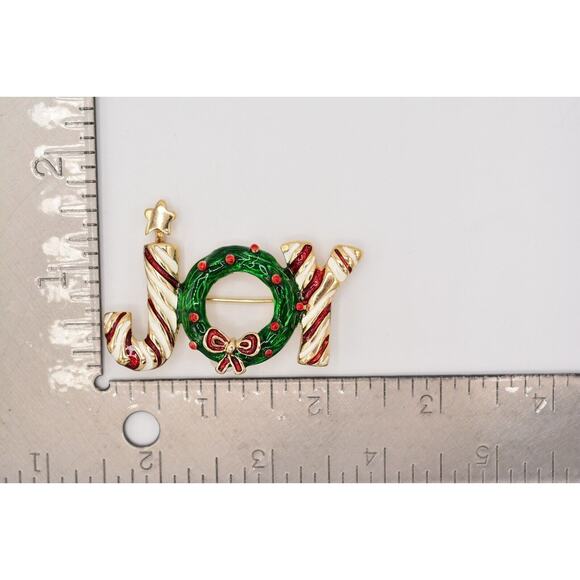 Vintage Christmas JOY Pin Brooch Wreath Enamel Candy Cane Holiday NOS 80s BinA9 - Picture 12 of 12